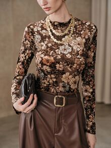 Anewsta Brown Vintage Floral Mesh Frill Trim Fitted Long Sleeve Women's T-Shirt - Coffee Brown - View 4