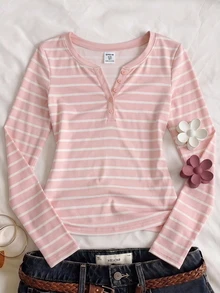 SHEIN 青少年女孩修身休閒簡約舒適圓領鈕扣式白色與粉色條紋長袖T恤 - 粉色 - 查看 3