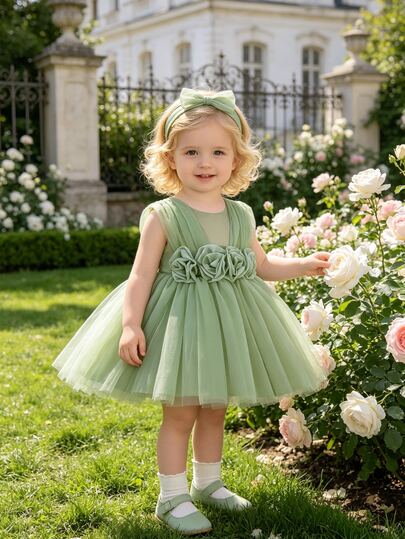 SHEIN Vestido verde claro para niñas bebés, tela de tul & satén con aplique floral 3D, sin mangas, adecuado para la fiesta del primer cumpleaños del bebé, niña de las flores de boda, gala nocturna, actividades familiares, celebraciones festivas, desfile de moda, sesión de fotos familiar y otros eventos importantes