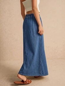 Poéselle 女款時尚百搭抽繩腰口袋牛仔中長裙，適合職場穿搭 - 藍色 - 查看 2