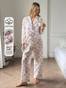 DAZY Women's Bow Print Front Tie Long Sleeve Top And Pants Pajama Set Fall - Pink - View 5