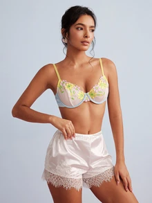 Elorette Yellow Underwire Embroidered Push-Up Lift Floral Pattern Satin Romantic Pastoral Women's Bra - Yellow - View 4
