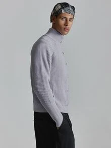 Musero Thick Funnel Neck Cardigan Fastening Detail Thumb Hole Autum Winter Essentials - Purple - View 4