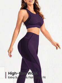 SHEIN Sports 女款短版背心與緊身褲無縫高彈性運動套裝 - 紫色 - 查看 4