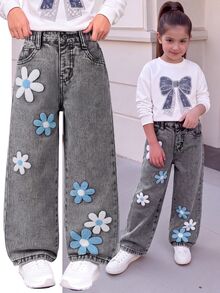 Girls/Toddlers Fashion Snowflake Washed Distressed Embroidery Flare Pants - Light Grey - View 1