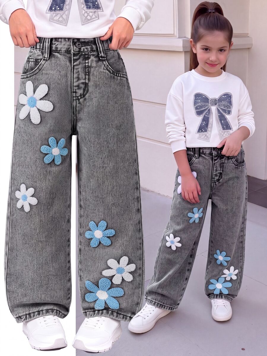 Girls/Toddlers Fashion Snowflake Washed Distressed Embroidery Flare Pants - Light Grey - View 1