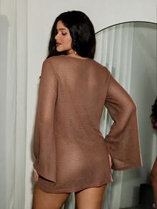 Orbivine Plus Size Hollow Out Semi-Sheer Brown Shell Button Dress For Sisters Gathering, Date, Dinner, Outing, Beach Wear - Brown - View 5
