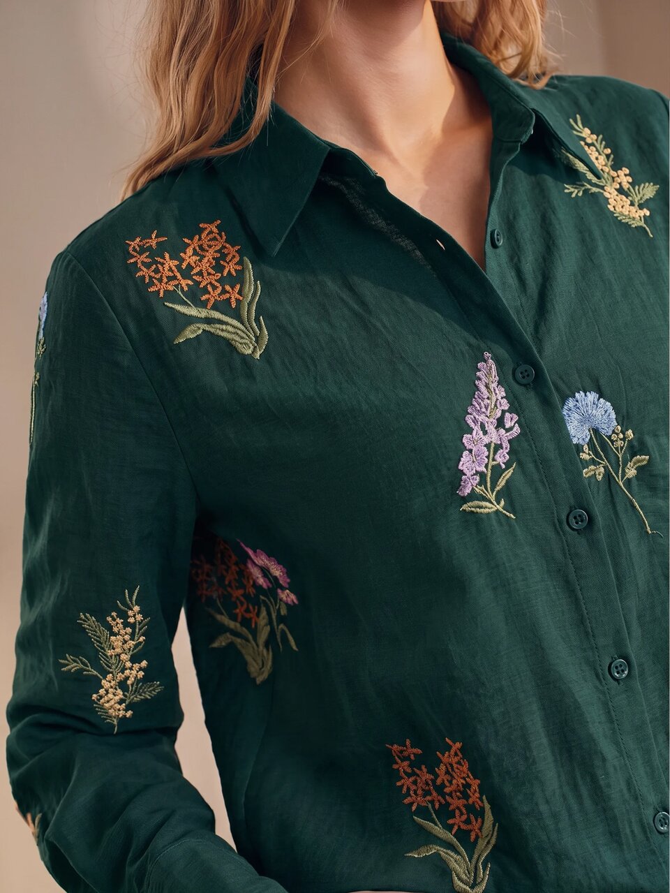 Anewsta Elegant Romantic Random Embroidered Floral Long Sleeve Design Pleated Vacation Style Faux Linen Women's Blouse Summer Clothes Casual Blouses For Women Work Outfits For Women