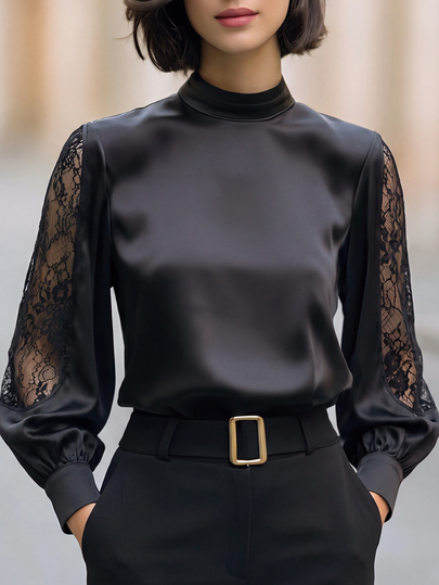 SHEIN Women's Black Satin Contrast Lace Stand Collar Long Sleeve Blouse, Mature Commuter Style, Smooth Satin Patchwork Hollow Lace Fabric, Suitable For Workplace, Business, Dating Occasions. Elegant Blouse, French Blouse,