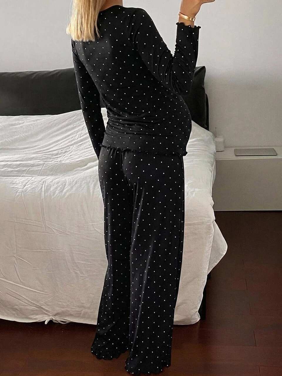 Contrast Polka Dot Long Sleeve T-Shirt & Straight Leg Pants Casual Daily Home Wear Spring Autumn Maternity 2 Pieces Set