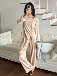 DAZY Women's 2 Pieces Faux Layered Long Sleeve Top And Pants Casual Daily Loungewear Set - Apricot - View 4