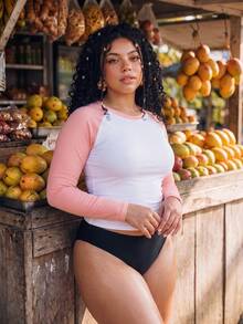 SHEIN Core Rhythm Plus Size Women's Solid Color One-Piece Long Sleeve Sports T-Shirt & Tank Top - Multicolor - View 3