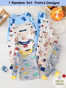 1 Set Randomly Sent Baby Boy Fashion Minimalist Cute Comfortable Cool Soft Skin-Friendly Thickened Winter Fitted Knitted Fleece Fabric Multi-Color Cartoon Car Teddy Bear Dinosaur Print Pattern Crew Neck Long Sleeve Pullover Top With Long Pants Pajama Set Homewear Set 2-Piece Set - Multicolor - View 5
