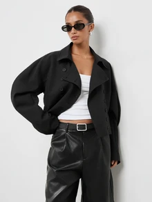 Maija Jaket Wanita Model Double-Breasted dengan Kerah dan Pengencang Pinggang - Hitam - View 7