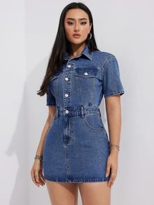Flexra Petite Women's Sexy Bodycon Utility Short Sleeve Denim Dress - Medium Wash - View 6