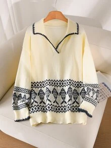 CosyJoli Plus Size Elegant French Casual Blue Minimalist Versatile Houndstooth Contrast Color Fish Knit Sweater Top For Women - Beige - View 1