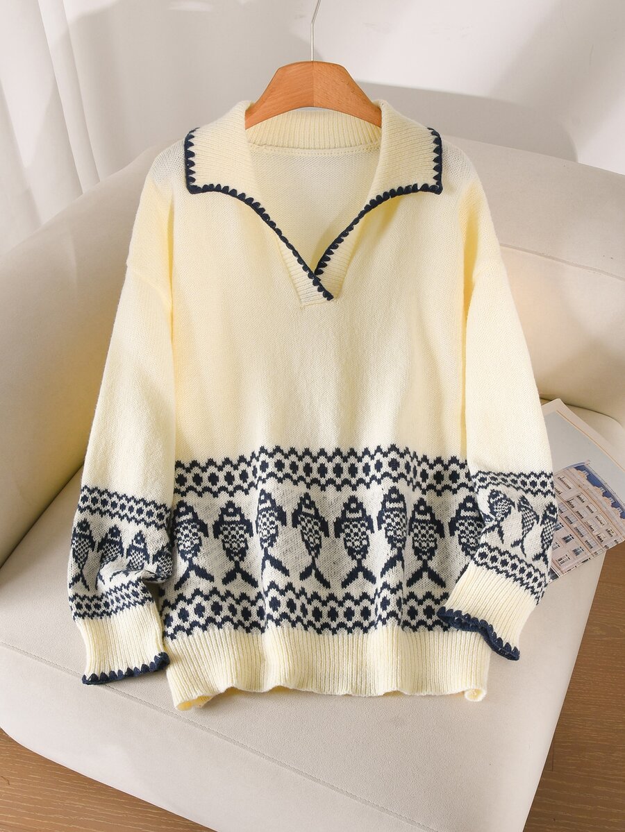 CosyJoli Plus Size Elegant French Casual Blue Minimalist Versatile Houndstooth Contrast Color Fish Knit Sweater Top For Women - Beige - View 1