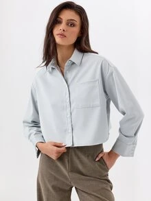 KÆRIA Hus Cropped Boxy Button Down Shirt - Compact Woven - Pale Blue - Elegant, Casual, Luxury, Workwear - Blue - View 4