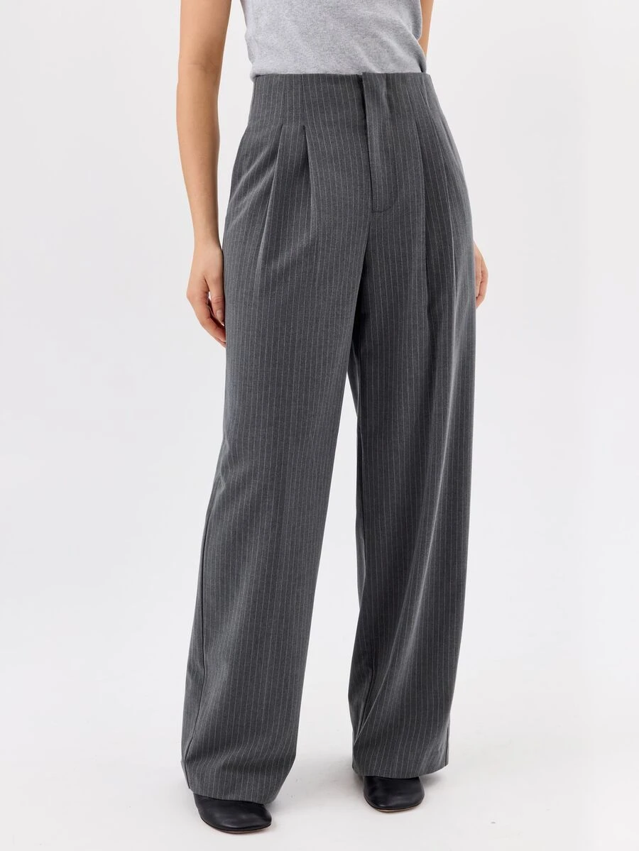 KÆRIA Hus Clean Waist Pleated Wide Leg Pant - Compact Tailoring - Charcoal Pinstripe - Elegant, Luxury, Formal - Dark Grey - View 1