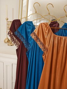 MuseNap CURVE Solid Color 3 Pieces Plus Size Women's Contrast Lace Front Tie Nightgown Set - Multicolor - View 11