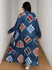 Maweii Plus Size Women's Sexy Long Open Front Kimono Style Geometric Striped Print Denim Effect Digital Print Lantern Sleeve Loose Extra Long Cover-Up Jacket - Multicolor - View 2