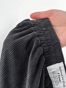 SHEIN EZwear 深灰色大尺碼女款秋冬校園日常室內工作穿搭卡其色燈芯絨布料附口袋與拼接設計高腰寬鬆寬腿褲 - 深灰色 - 查看 7