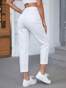 SHEIN CURVE+ Plus Size Women's Casual High Waist Denim Mom Jeans With Pockets, Cropped Length - White - View 8