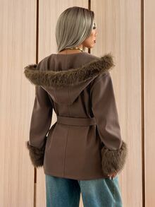 SHEIN EZwear Autumn/Winter Plush Patchwork Hooded Overcoat Jacket - Coffee Brown - View 2