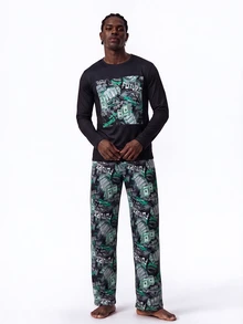 Rest Era Set Pakaian Santai Pria Kasual dengan Motif Kartun, Leher Bulat, Lengan Panjang, dan Celana Hijau - Hitam - View 1