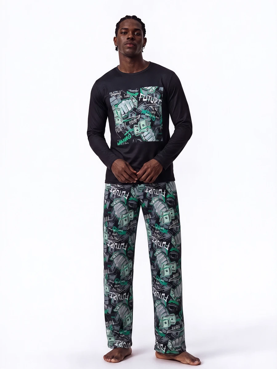 Rest Era Set Pakaian Santai Pria Kasual dengan Motif Kartun, Leher Bulat, Lengan Panjang, dan Celana Hijau - Hitam - View 1