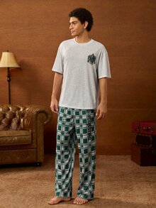 HARRY POTTER X SHEIN Men's Round Neck Short Sleeve T-Shirt And Plaid Long Pants Loungewear Set - Grey - View 4