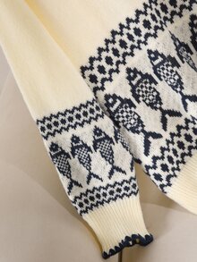 CosyJoli Plus Size Elegant French Casual Blue Minimalist Versatile Houndstooth Contrast Color Fish Knit Sweater Top For Women - Beige - View 5