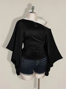 SHEIN ICON Women's Plus Size Retro Sexy Millennial Style Y2K Elegant Commuter Cold Shoulder Ruffled Short Sleeve Gathered Waist Black Top Fall - Black - View 8