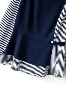 GlowEve CURVE Women's Spring/Summer Patchwork Striped 2 In 1 Ruffle Hem Long Sleeve Blouse, Mature Style For Commute/Work/Date/Outing - Navy Blue - View 3