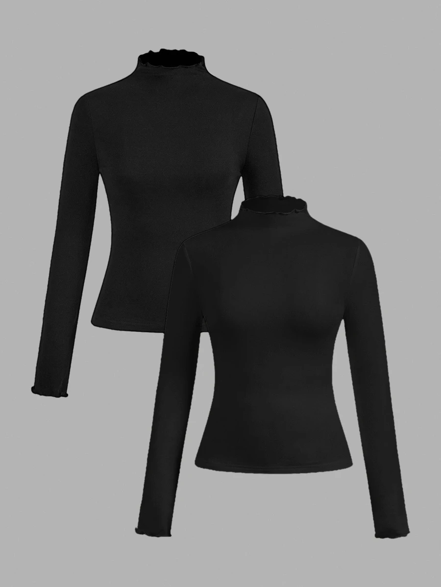 SHEIN EZwear 2件裝黑色休閒修身長袖T恤,秋冬款 - 黑色 - 查看 1