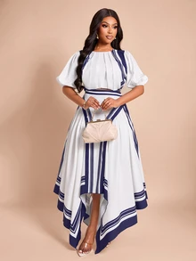 Brilight Outfit Petal Sleeve Crop Top High Waist Asymmetrical Maxi Skirt Set For Vacation Brunch Date Streetwe - Navy Blue - View 7