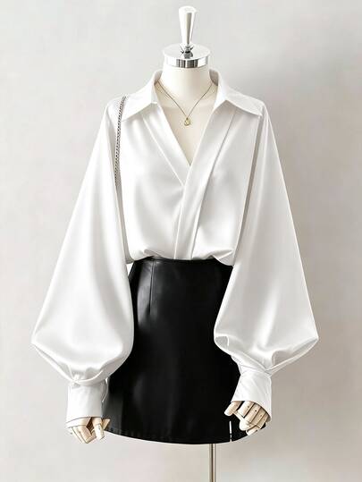 EMERY ROSE Women's Solid Color V-Neck Lantern Sleeve Versatile Commuter Elegant Long Sleeve Blouse