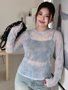 Dazy Plus Tie-Dye Mesh Layered Korean Style T-Shirt - Blue - View 6