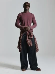 Musero Slim Fit Ribbed Long Sleeve Top Washed Base Crew Neckline Autum Winter Essentials - Red - View 1