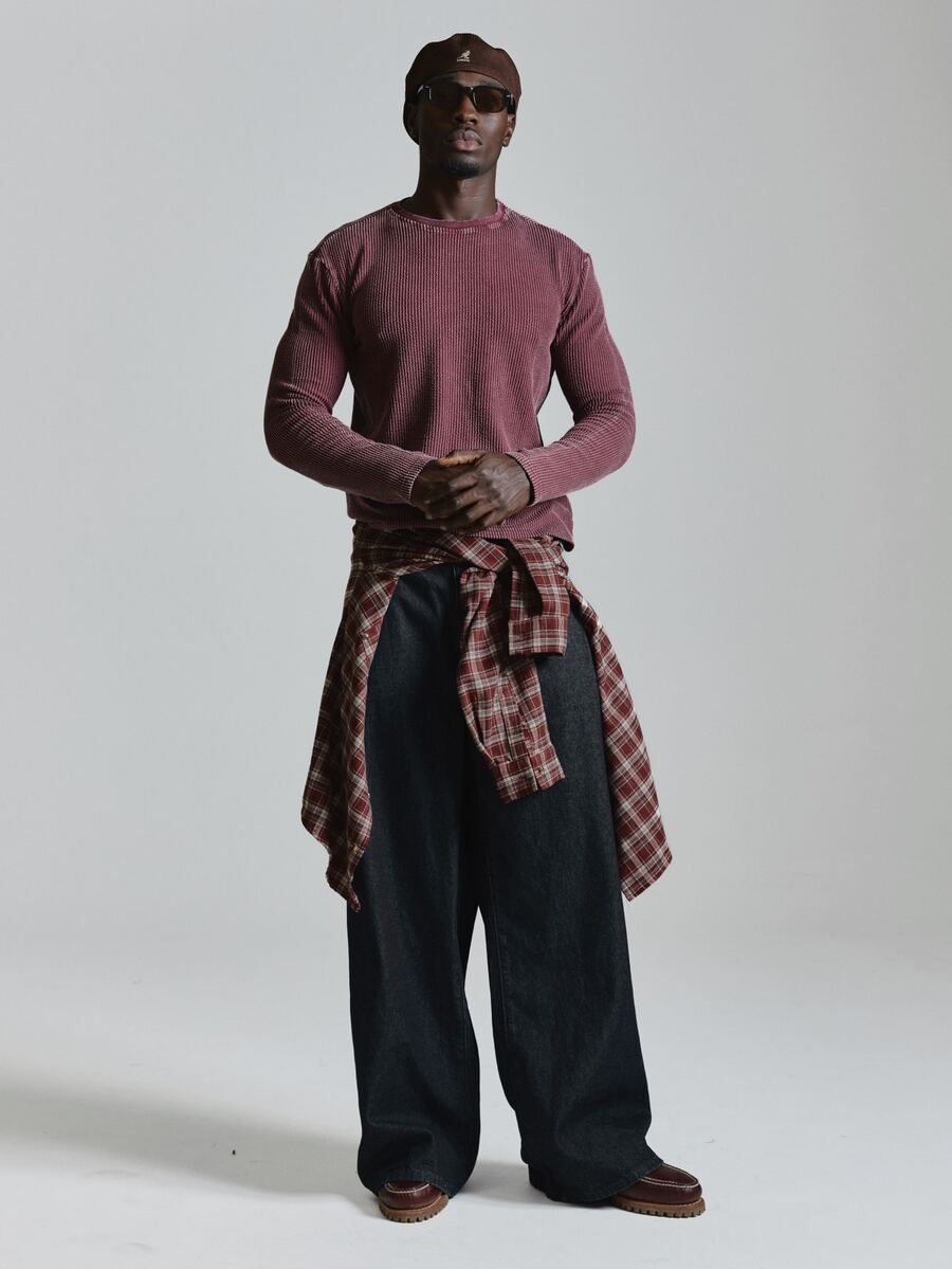 Musero Slim Fit Ribbed Long Sleeve Top Washed Base Crew Neckline Autum Winter Essentials - Red - View 1