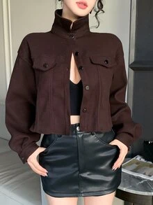 DAZY Women's Deep Brown Wool Blend Short Jacket, Loose Casual Streetwear Commuter Style With Turn-Down Collar And Large Pockets, Autumn/Winter - Brown - View 2
