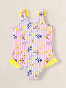 LOONEY TUNES X SHEIN Young Girl Striped Bow Decor Cute One-Piece Swimsuit - Multicolor - View 2