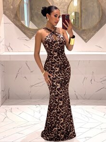 Slaydiva Women Leopard Print Halter Twist Mermaid Evening Dress Pearl Chain Backless Formal Gown Prom Holiday Party New Year Wedding Guest Holiday - Multicolor - View 6