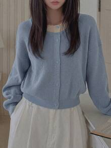 DAZY 女款拼接 2 合 1 寬鬆圓領長袖鈕扣裝飾休閒度假針織套頭毛衣，秋冬款 - 藍色 - 查看 3