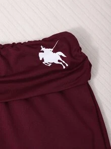 SHEIN 女童深藍色摺腰馬術小馬印花喇叭褲，彈性百搭修身喇叭運動內搭褲，舒適春秋日常上學休閒外穿 - 酒紅色 - 查看 3