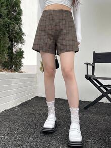 DAZY 女款格紋休閒百搭日常穿著短褲 - 咖啡棕 - 查看 3