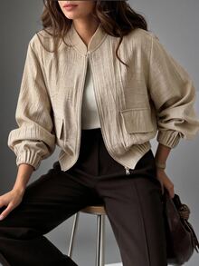 Linhara CURVE Jaket Kasual Wanita Ukuran Besar Warna Polos Bertekstur dengan Kantong, Jaket Musim Gugur Terbaru - Khaki - View 5