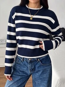 SHEIN 青少年女孩海軍藍白色條紋圓領毛衣，適合秋冬返校季 - 藏蓝色 - 查看 9