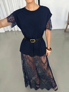 Lavishia 女款圓領短袖性感透視蕾絲洋裝 - 藏蓝色 - 查看 7