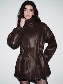 Anewsta Jaket Wanita Oversize Kulit Imitasi Serbaguna dengan Tali Serut di Pinggang, Leher Tinggi, dan Resleting. - Coklat - View 3